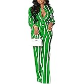 Elainone Women's 2 Piece Outfits Stripe Long Sleeve Button Down Shirt Wide Leg Long Pants with Pockets