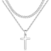 Fiusem Valentines Gifts for Him - 2 Pcs Cross Necklace Chain for Men and Women, Layered Mens Cross Necklaces Stainless Steel Pendant Cuban Link Rope Chain 16-26 Inch, Jewelry Gift