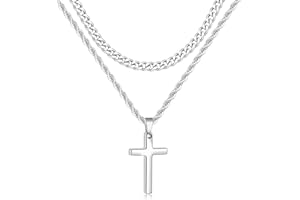 Fiusem 2 Pcs Cross Necklace Chain for Men and Women, Layered Mens Cross Necklaces Stainless Steel Pendant Cuban Link Rope Chain 16-26 Inch, Jewelry Gift