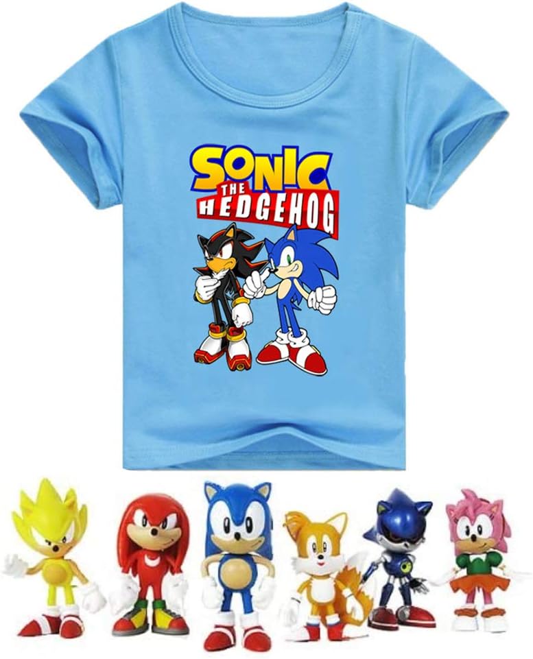 SUPFANS Kids Sonic The Hedgehog T-Shirt Short Sleeve Cotton Tee with Mini Sonic Figures