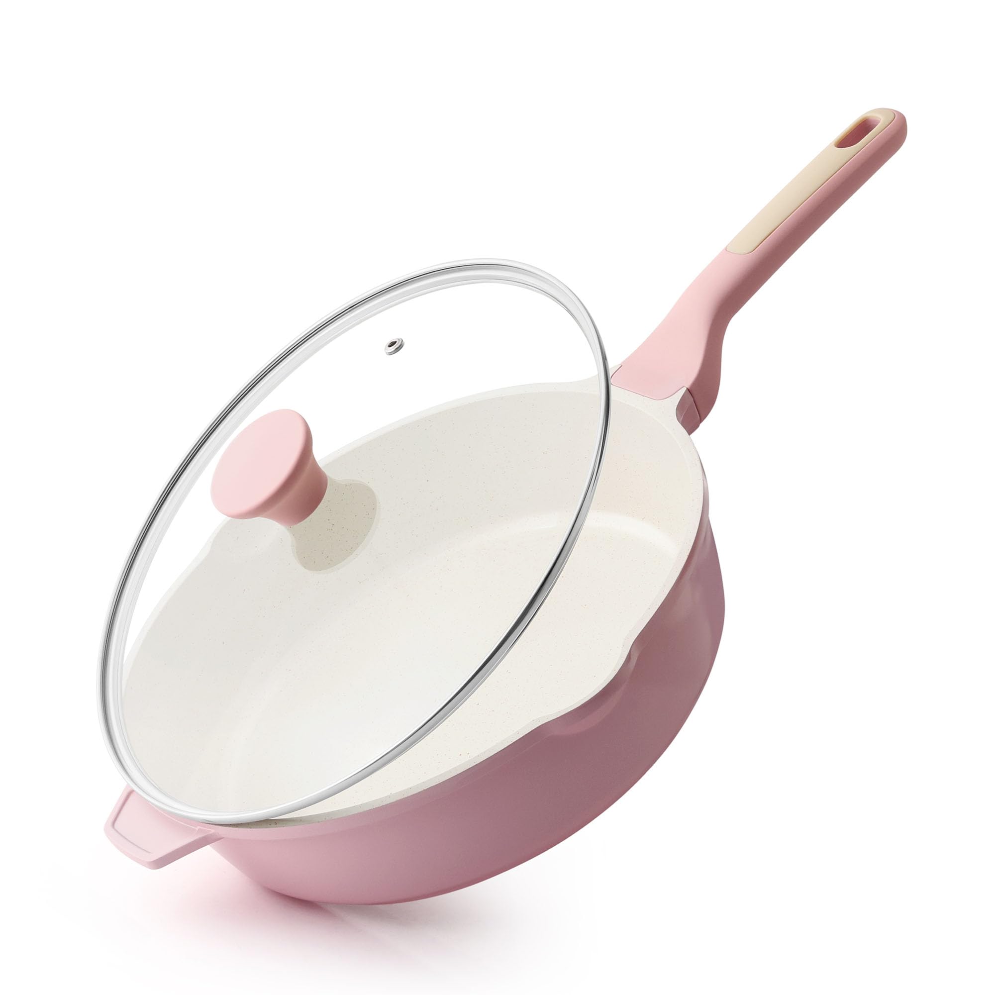 SENSARTE Nonstick Ceramic Skillet with Lid 10/11/12-inch, 4.5QT Non Toxic Deep Frying Pan, Saute Pan with Lid, Stay-cool Handle, Healthy Cooking Pot, Induction Compatible, Pink Image