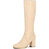 Allegra K Women's Side Zipper Chunky Heel Knee High Beige Boots 7.5 M US -