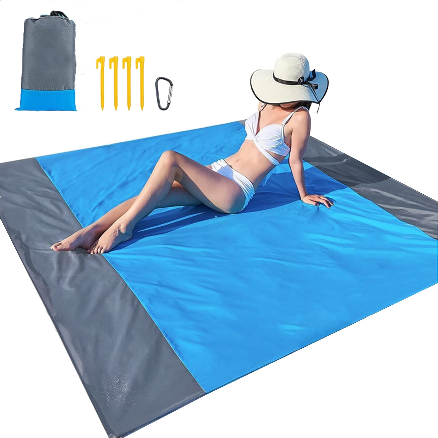 Yhuasia Beach Blanket, Beach Mat, Waterproof Foldable Beach Mat Outdoor Camping Mat, Practical Foldable Double Color Beach Mat, for Sea and Grassland Use (Blue Grey, 210 * 200 CM)