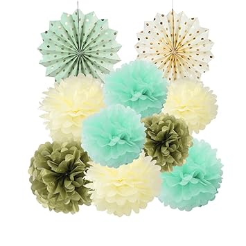 SUNBEAUTY 10er Set Mint & Gold & Creme Papier Dekoration Set Mint Pompoms Türkis Papierfächer Deko
