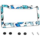 Blue Butterfly Pattern License Plate Frame Customized Decorative Frames Stainless Steels Car Tag Holder with 2 Holes and Screws 12 x 6 Inch for US Vehicles Standard for Women Men