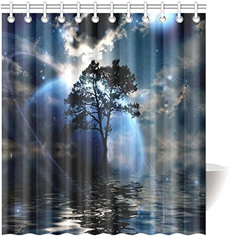 InterestPrint Fantasy House Decor Shower Curtain, Water Night View Dark Clouds Stars Moonlight Skylights Rays Tree Reflection on Sea Fabric Bathroom Decor Set with Hooks, 66 X 72 Inches