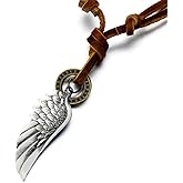 COOLSTEELANDBEYOND Retro Style Angel Wing Pendant Necklace Men Women with Adjustable Leather Cord