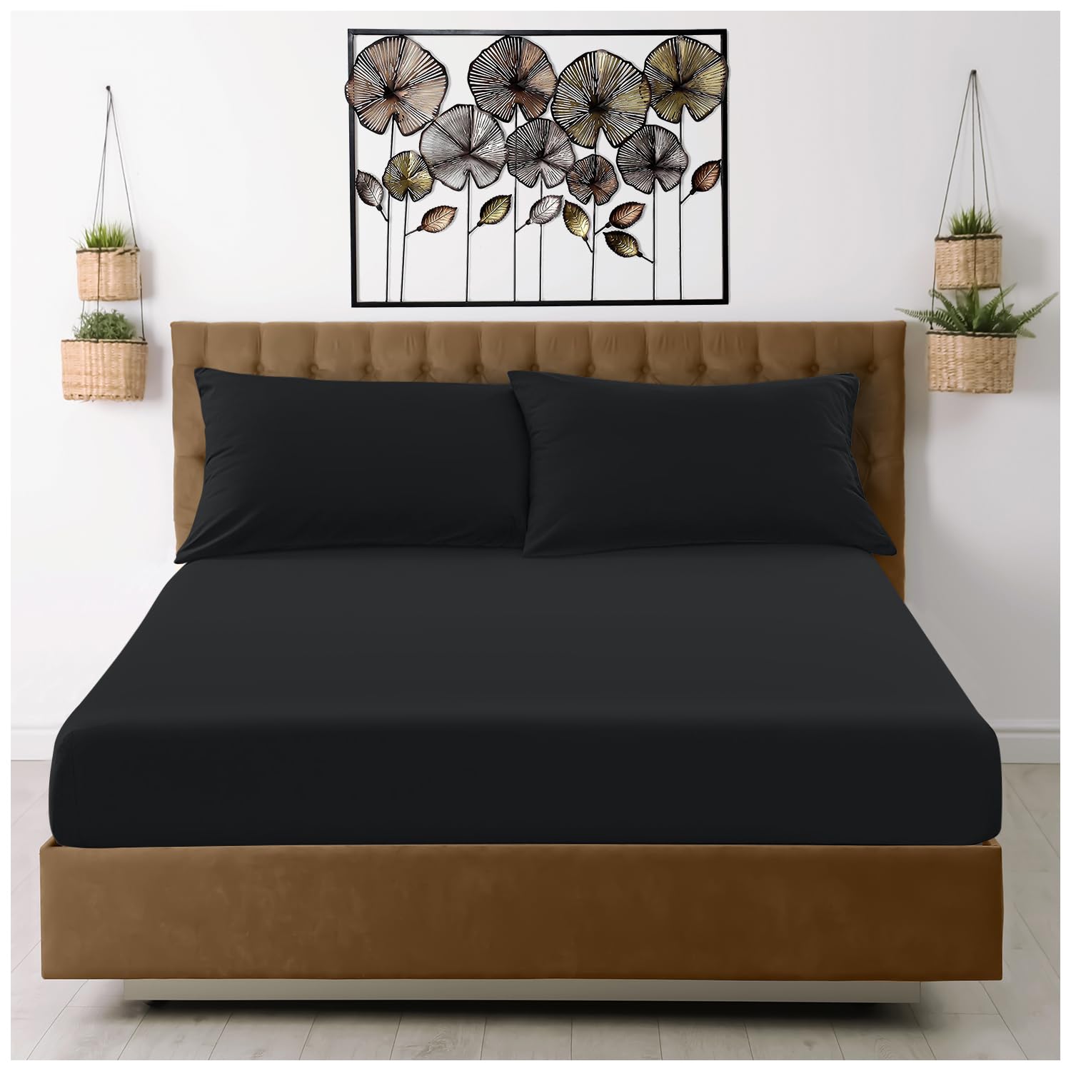 GC GAVENO CAVAILIA Microfiber Fitted Sheet Double - Plain Bed Sheets - Deep Pocket 10 inch (25cm) - Shrinkage, Fade & Wrinkle Resistant Bottom Sheet, Black to Mattress (137x193 cm) - Machine Washable