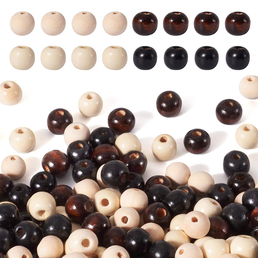 Cheriswelry 400pcs Natural Wood Beads 12mm Black Brown Ivory Natural Color Wooden Beads for Jewelry Making Hole:2.5-3mm