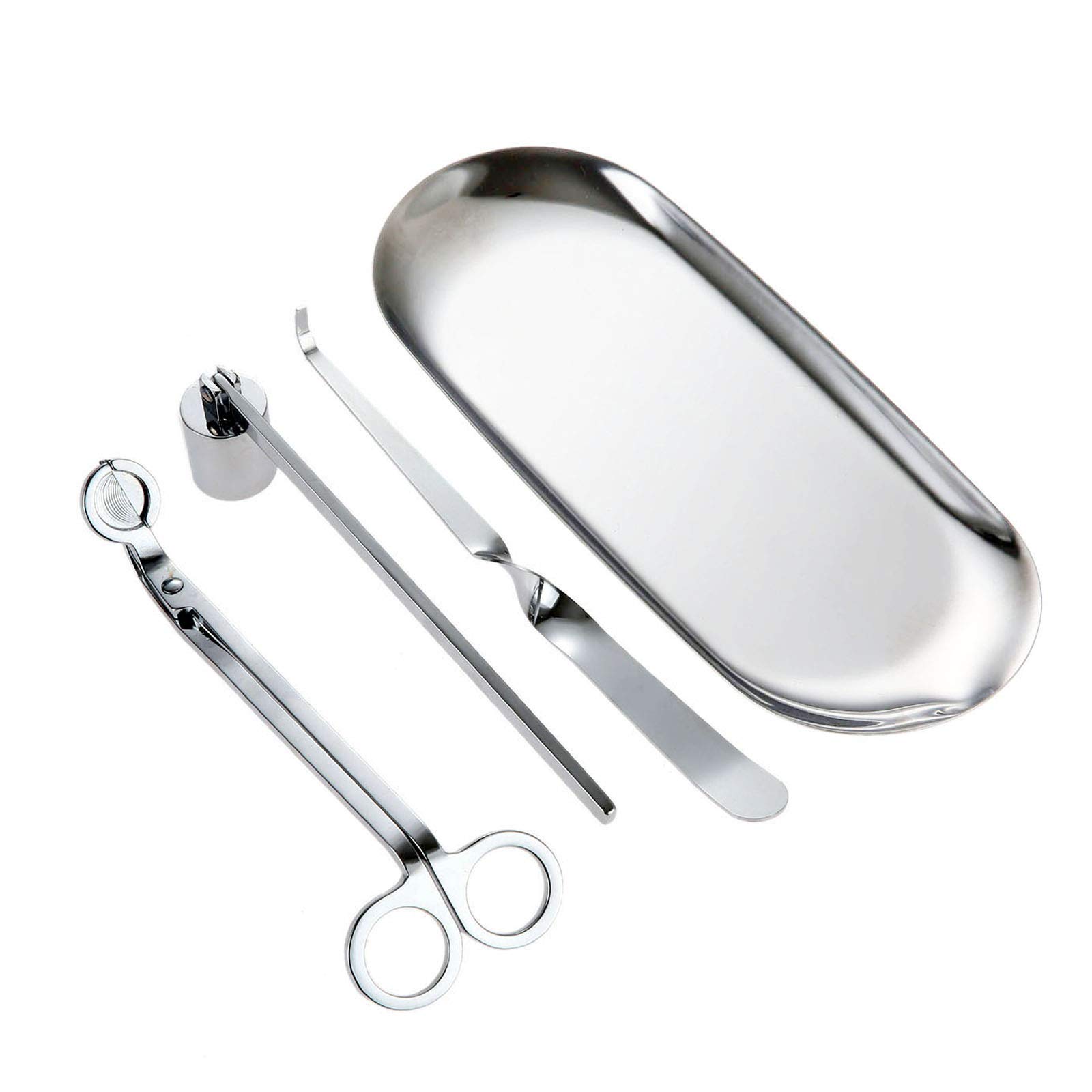 MUXSAM Candle Snuffer,Candle Wick Trimmer,Candle Tray & Candle Core Hook Candle Accessory Set - Candle Care kit -Candle Stainless Tools Pack Silver -4Pcs