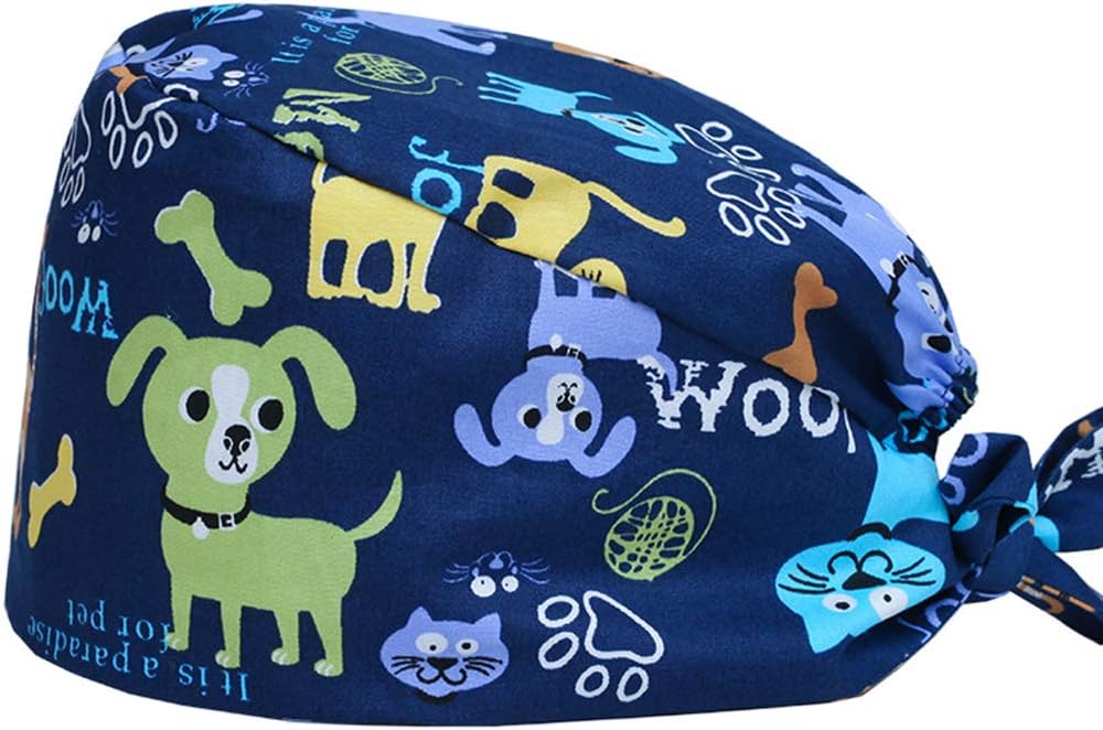 Cute Animal Patterns Surgical Scrub Cap Medical Doctor Bouffant Hat with Sweatband for Womens Mens