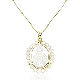Virgin Mary Necklace, Mother of Pearl Charm Pendant Gold Necklace Mother Mary for Women Mother's Day Our Lady Blessed Christian Catholic Gifts