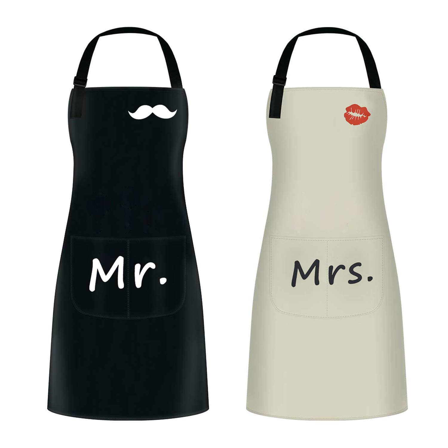 atopo 2PCS Cooking Aprons, Chef Aprons, Adjustable Waterproof Aprons for Men Women, Couple Apron as Gifts for Wedding, Engagement, Valentine’s Day, Father's Day, Mother's Day (Black & Beige)