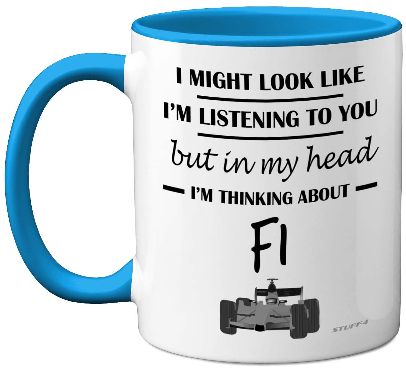 Stuff4 Formula 1 Gifts - in My Head I'm Thinking About F1 - Funny F1 Gifts for Men, Car Lover for Him, Mug, Formula One 11oz Ceramic Dishwasher Safe Blue Handle Mugs Novelty Cup