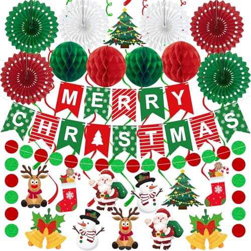 25pcs Christmas Party Decorations Merry Christmas Banner Paper Fan Garlands String Circle Dot Honeycomb Ball Swirl Streamers Snowman Santa for Xmas Decorations Indoor Home Decor