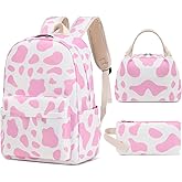 Sunborls Cute Cow Print Teen Girls Backpack with Lunch Bag Pencil Bag Set Back To School Gift Bookbag Casual Daypack Travel Laptop Backpack (Pink)