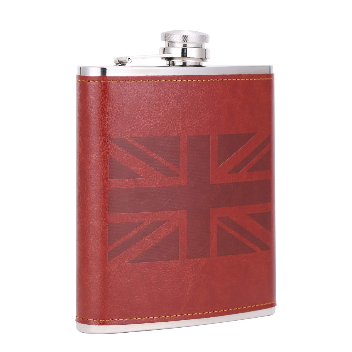 British Flag UK 18 oz Red-Brown Stainless Steel Whiskey Flasks for Liquor with Leather Wrapped, TANEAXON