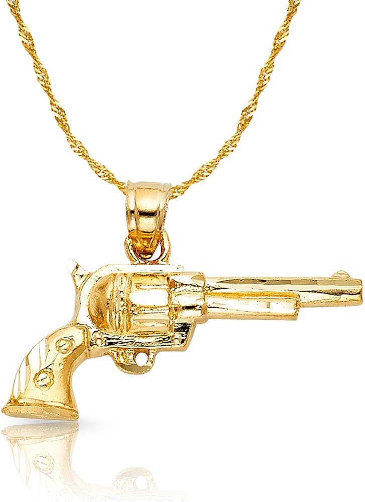 14K Yellow Gold Pistol Gun Charm Pendant with 1.5mm
