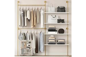 DABILONGC Industrial Pipe Clothing Rack Wall Mounted Heavy Duty, Space Saving Garment Hanger System for Wardrobe/Walk-in Closet, Gold