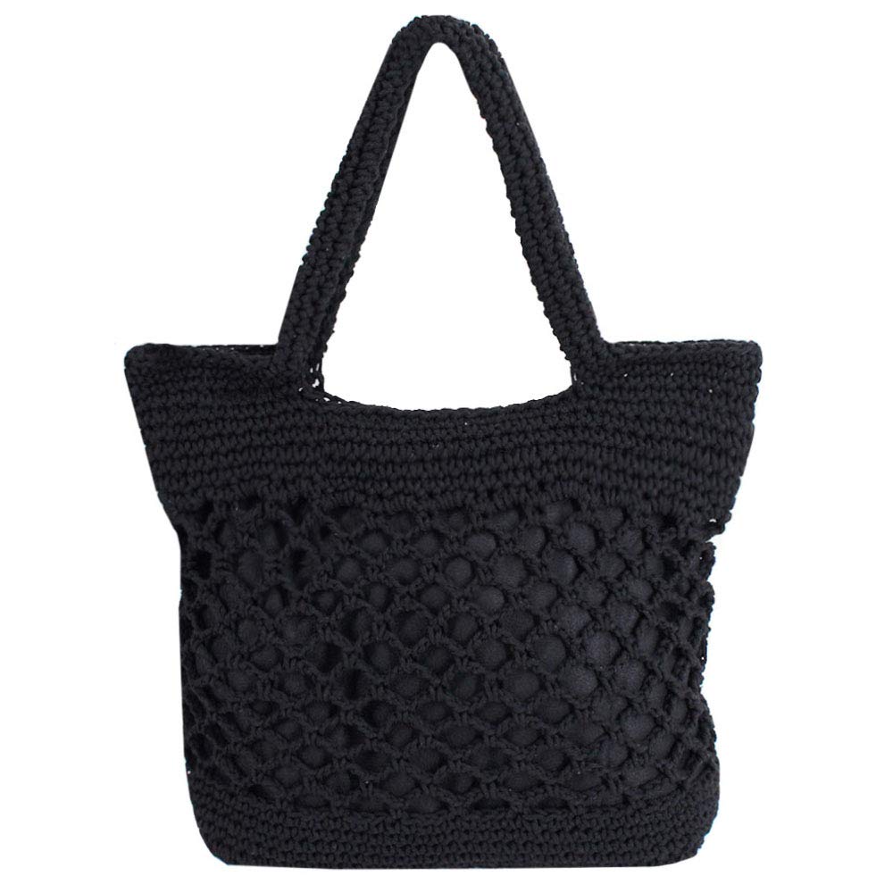 LA HUATE Cotton Threads Weave Handbag Casual Summer Beach Tote Handmade Straw Shoulder Bag, Black