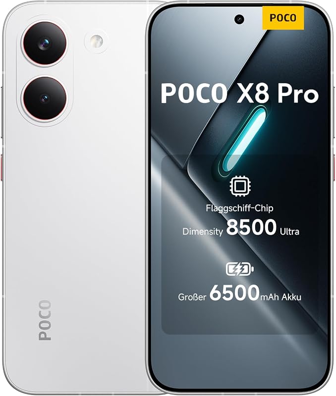 Poco X8 Pro Smartphone 12GB+512GB, Dimensity 8500-Ultra Prozessor, 6500mAh Akku, Ultra-helles AMOLED Display, 50MP Sony IMX882 Hauptkamera mit OIS, Weiß, 3 Jahre Garantie