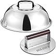 HULISEN Heavy-Duty Burger Press & Melting Dome Set, 8.5 Inch Round Stainless Steel Bacon Press with Wooden Handle, 12 Inch Basting Cover, Griddle Accessories Kit for Flat Top Grill Indoor/Outdoor