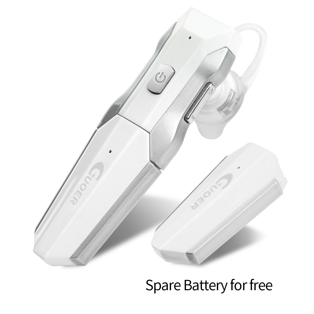 GUOER Bluetooth Headset with Backup Battery Noise Cancellation Wireless Bluetooth Earpiece With Microphone Driving Handsfree Earbuds(White/Silver)