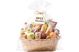 NUITPY 8 Pcs Large Cellophane Bags, 40 x 50 Inchs Cellophane Wrap for Gift Baskets, Durable Plastic Gift Bag, Clear Basket Bag - Complimentary 8 Pcs Golden Twist Ties