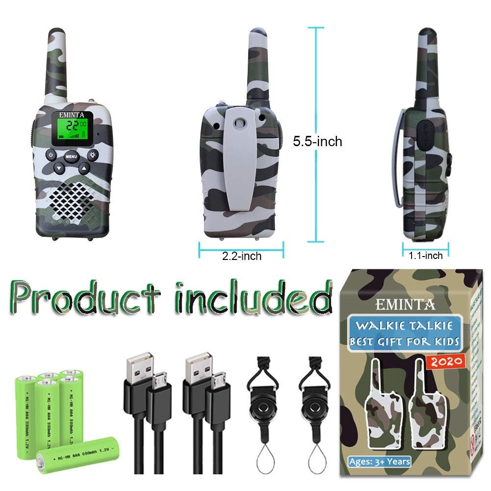 EMINTA Rechargeable Kids Walkie Talkies, 5 Miles Long Range 22 Channels 2 Way Radios with Flashlight LCD Screen VOX, 2020 Best Toys for Boys Girls Outdoor Adventure (Camo Gift Box)