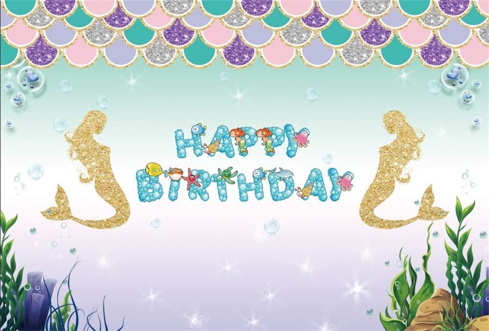 YongFoto 5x3ft Photography Birthday Party Photo Backdrop Golden Sequins Glitters Mermaid Waterweeds Colored Fish Scale Backdrop Baby Shower Pictures Background Baby Kids Children Photo Stuido Props