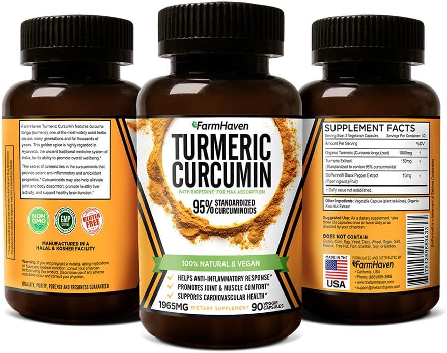Turmeric Curcumin with BioPerine Black Pepper & 95% Curcuminoids, 1965mg, Maximum Absorption for Joint Support & Healthy Inflammatory Response, Non-GMO Turmeric Capsules, Made in USA - 90 Veg Caps: Health & Personal Care