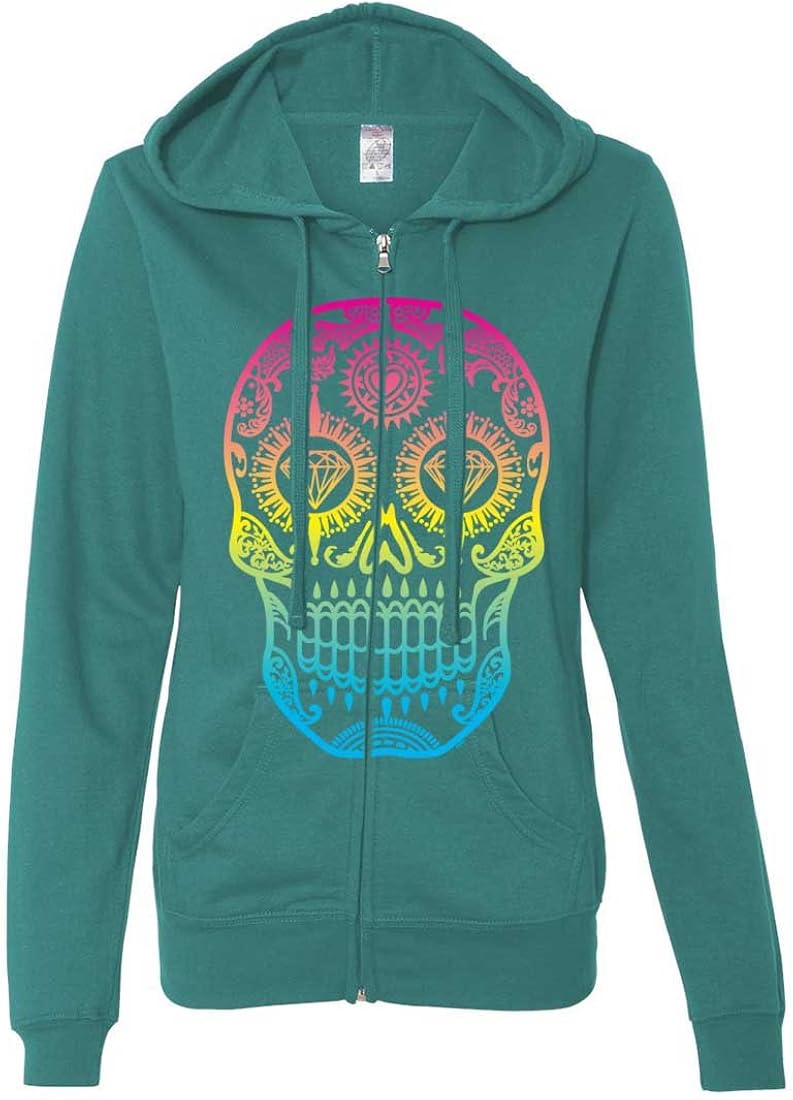 Neon Diamond Eyes Smiling Sugar Skull Ladies Zip-Up Hoodie
