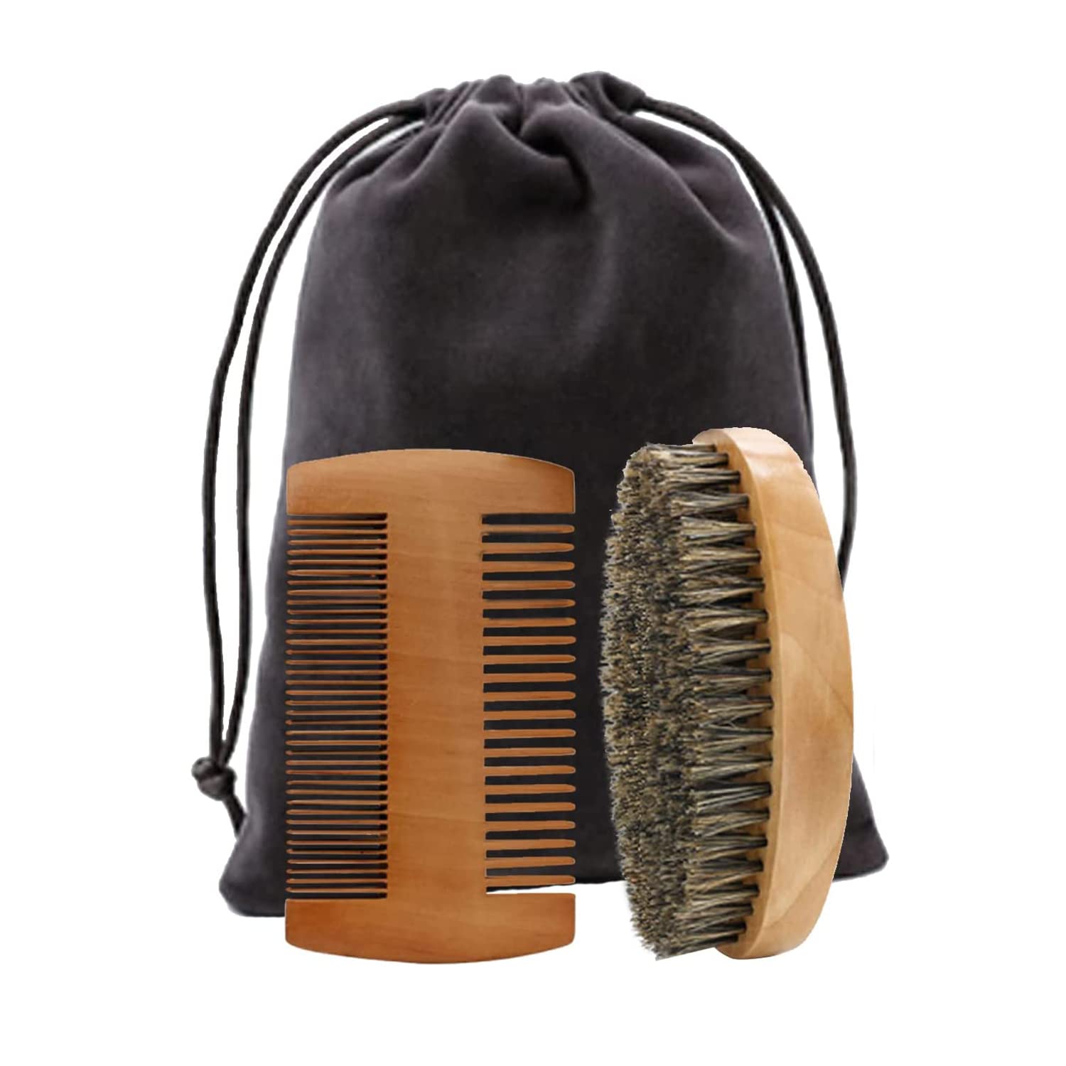 Wooden Boar Bristle Beard Brush & Anti Static Moustache Comb Set - Portable, Removes Debris, Massages Face