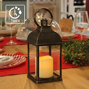 MammyGol Vintage Decorative Lanterns with Timer - 10" Outdoor Candle Lantern with LED Flickering Flameless Candles - Hanging Lanterns for Wedding Party Decoration - Plastic with Bronze Undertones