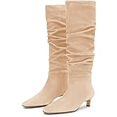 Coutgo Womens Slouchy Knee High Boots Low Kitten Heel Square Toe Tall Boots Fall Winter Shoes