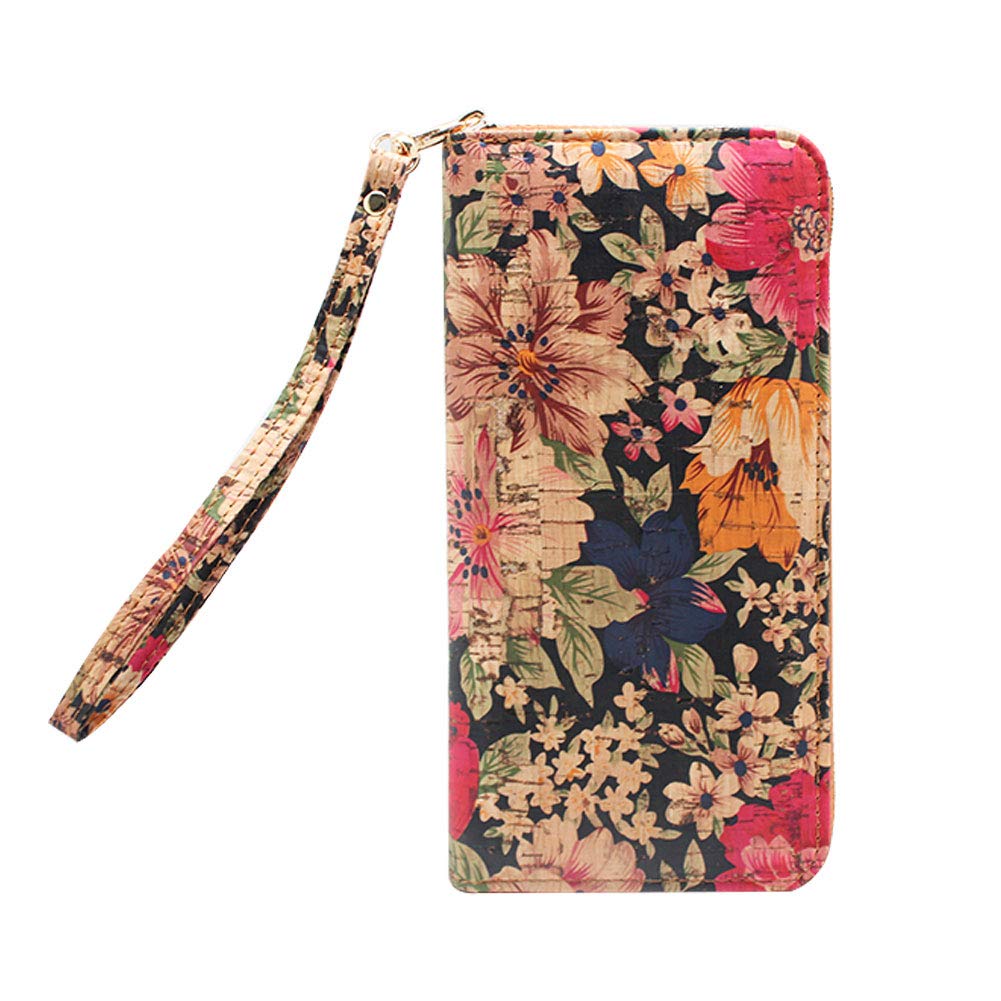Boshiho Women's Cork Wallet Vegan Women's Zipper Purse Large Capacity Long Purse Gift for Ladies with Gift Box (Multi Flower cork1)