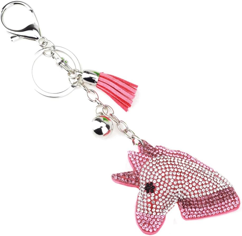 Mwfus Women Crystal Unicorn Head Leather Tassel Key Chain Keyring Bag Purse Key Finder