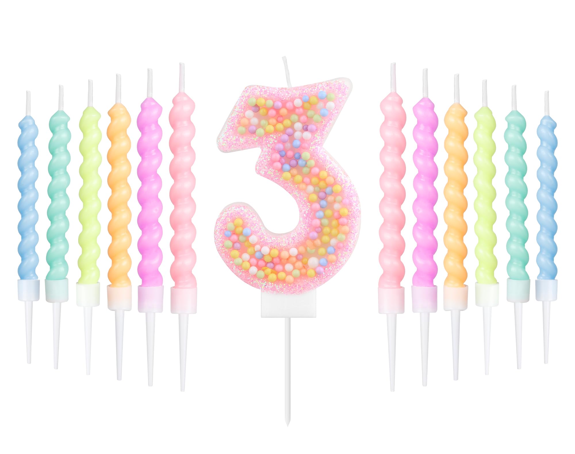 mciskin Macaron 3rd Birthday Candle Set, Girls 3rd Birthday Decorations,12pcs Pastel Spiral & Number 3 Candles for Cake,Rainbow Cake Topper for Macaron Themed Party Decoration,Baby Showers Supplies — image 1