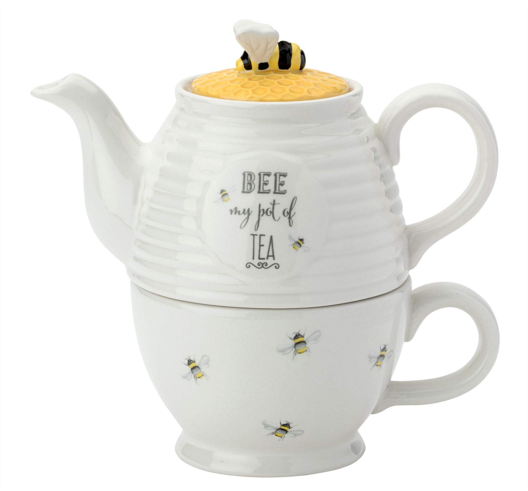 English Tableware Company Bee Happy Tea for One Teapot Cup Honeycomb Lid Embossed Design