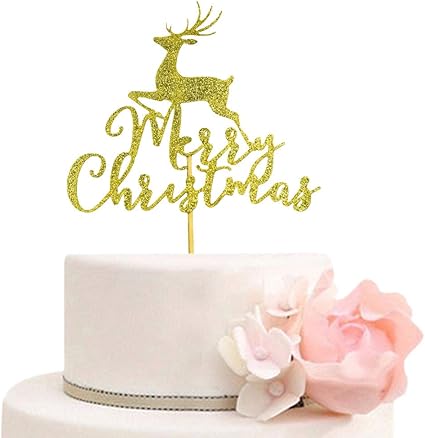 Amazon Com Merry Christmas With Reindeer Cake Topper Christmas Holiday Party Decorations Gold Glitter Toys Games