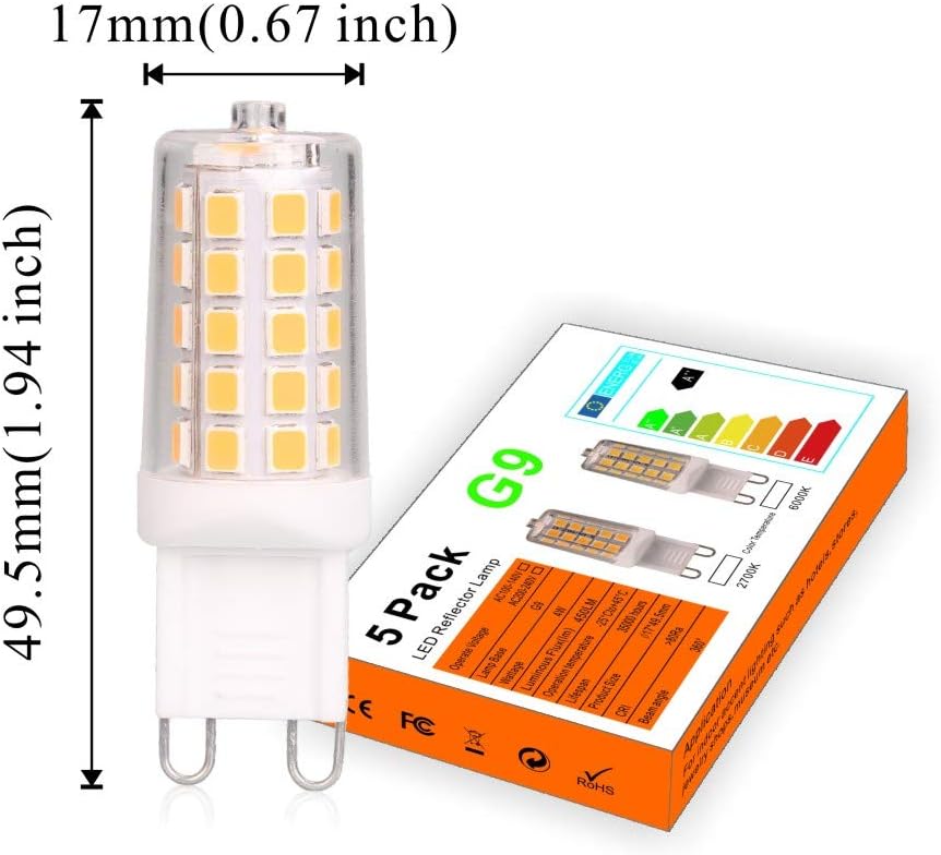 Dimmable G9 LED bulb ( 40W Equivalent ) 2700K Warm White Energy Saving G9 Cap for Chandelier Lights Table lamps, RV Light , 5 Pack - Image 3