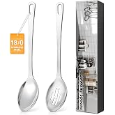 2 Pcs Stainless Steel Cooking Spoons Set, Solid &amp; Slotted Metal Serving Spoons, Heavy Duty Sturdy Large Soup Ladle, High Heat Resistant Kitchen Cooking Utensils for Mixing, Stirring, Easy to Clean