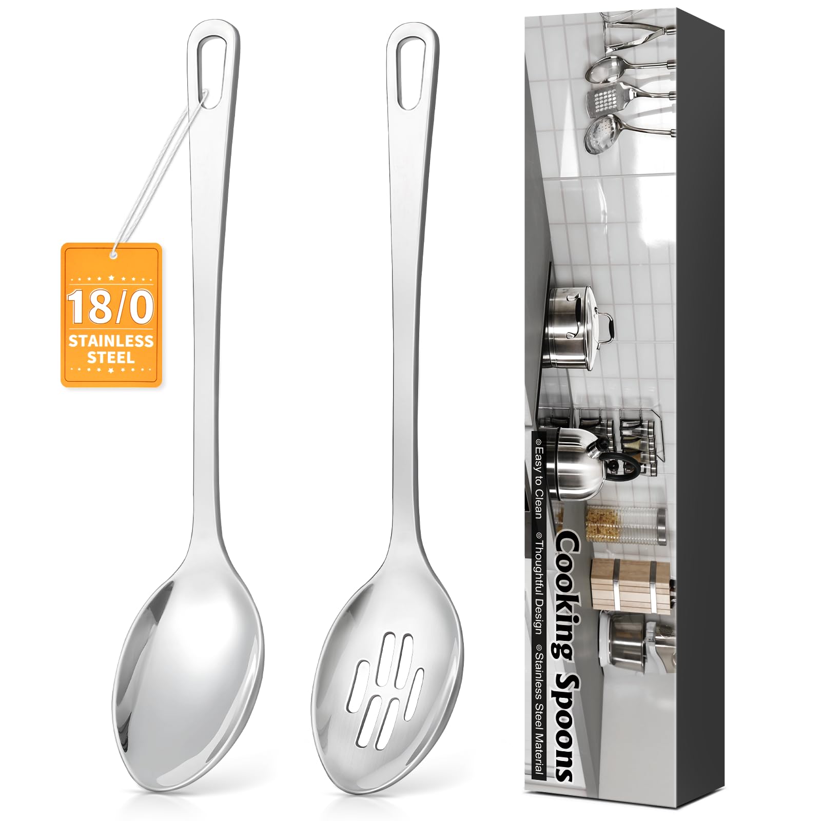 Photo 1 of 2 Pcs Stainless Steel Cooking Spoons Set, Solid & Slotted Metal Serving Spoons, Heavy Duty Sturdy Large Soup Ladle, High Heat Resistant Kitchen Cooking Utensils for Mixing, Stirring, Easy to Clean