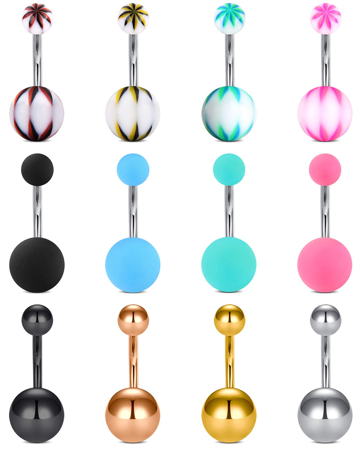 VF VFUN 12Pcs Belly Button Rings Stainless Steel 14G Navel Rings Barbells Belly Button Piercing Women Men Body Piercing Jewelry 10mm