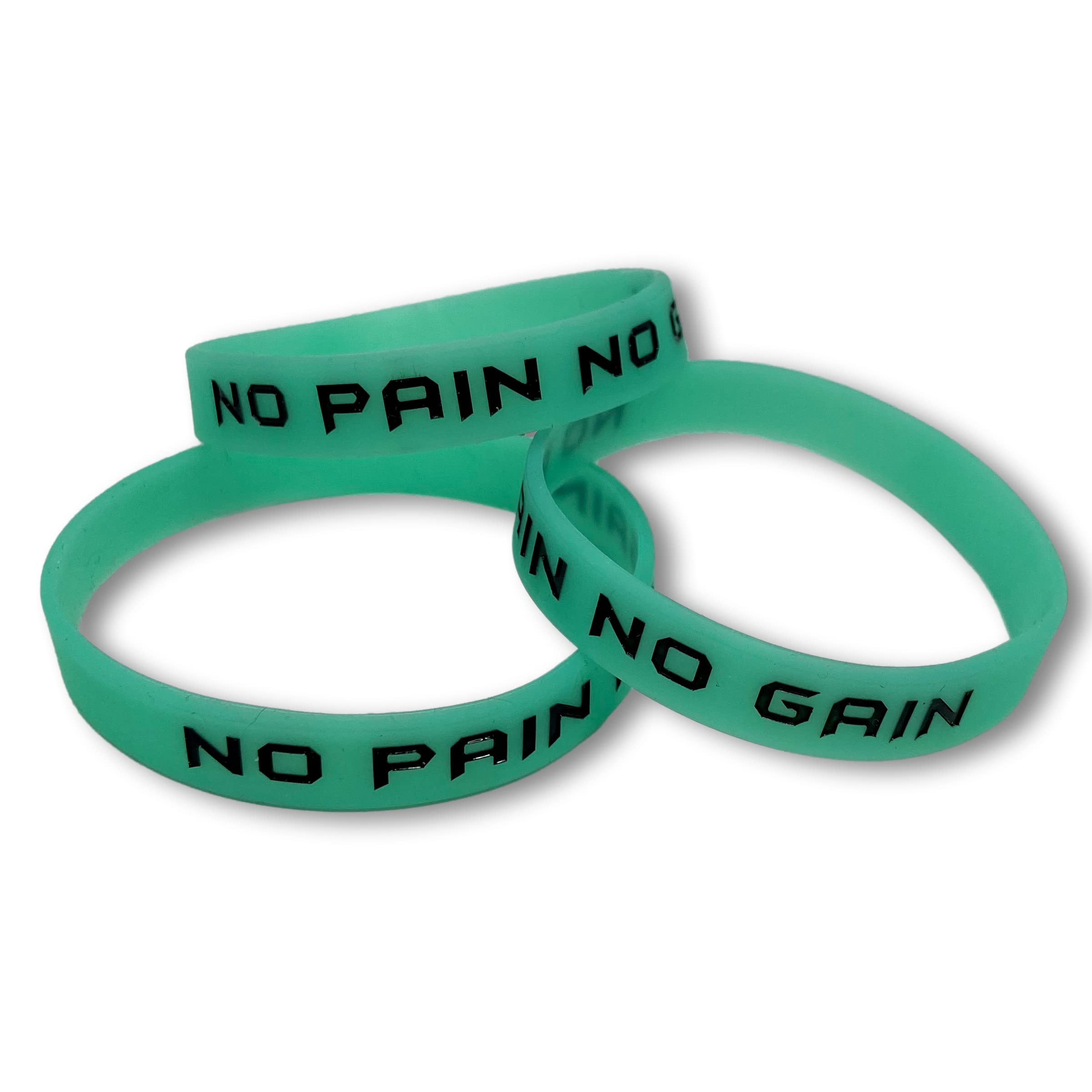Set of 3 teal blue wristband, armband with phrases to choose, silicone bracelet pink, glow in the dark, by Ekna, No Pain No Gain