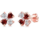 Gem Stone King 18K Rose Gold Plated Silver Lab Grown Diamond and Red Garnet Stud Earrings for Women | 2.27 Cttw | Gemstone April Birthstone | Heart Shape 4MM