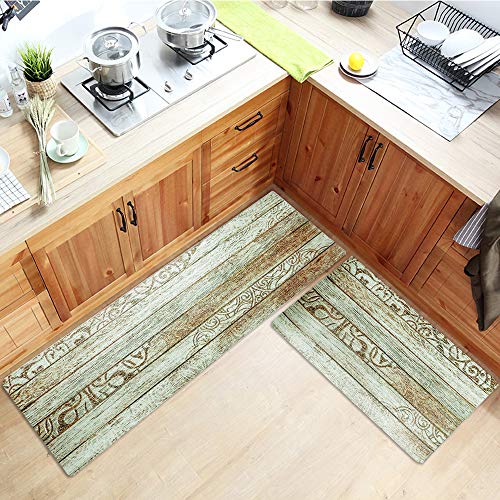 Kitchen Floor Comfort Mat Set, HiiARug Anti Fatigue Standing Mats 2-PACK Kitchen Runner and Rug Waterproof Oil Proof Ergonomic PU Leather Cushioned Kitchen Rug Set (Wood Pattern2, 18"x30"+18"x48")