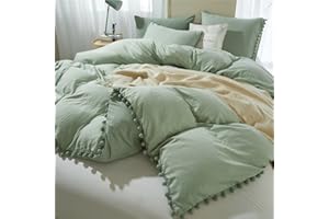 IHOUSTRIY 3 Pieces Duvet Cover Set Bedding Ball Fringe Pattern Design Soft Dark Sage Green Bedding Sets 1 Duvet Cover 2 Ball Fringe Pillow Shams - Queen, Green