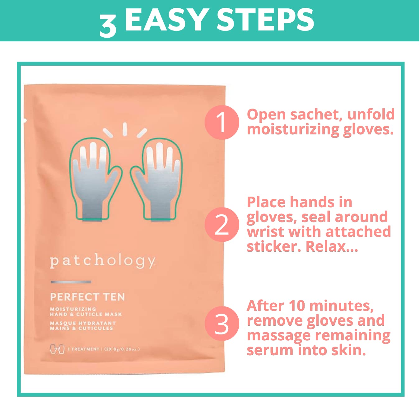 Patchology Perfect Ten Hand & Cuticle Mask: Ultra-Moisturizing for Dry, Cracked Skin with Shea Butter, Coconut Oil, Vitamin E & Soothing Fruit Extracts for Supreme Softness and Nourishment - 1 Pair
