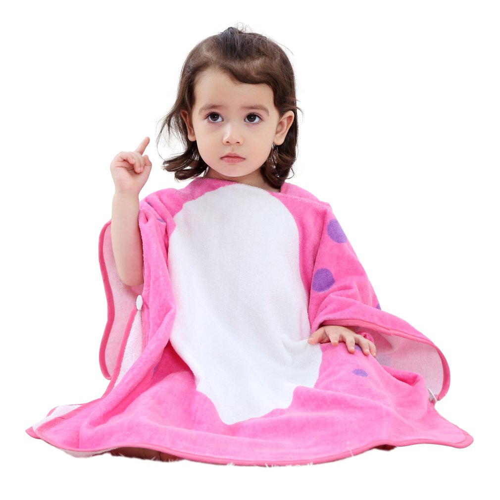COOKY.D Hooded Baby Poncho Bath Towel 100% Cotton Bathrobe for Boys Girls Kids, 70x70 cm, 0-6 Years Old, Rose Red